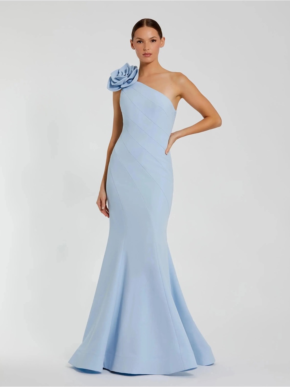 Mac Duggal 2304 Blue One Shoulder Mermaid Gown With 3D Flower 12 NWOT